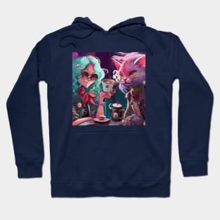 Blue Haired Girl and Fancy Cat Share Tea at a Cafe Hoodie